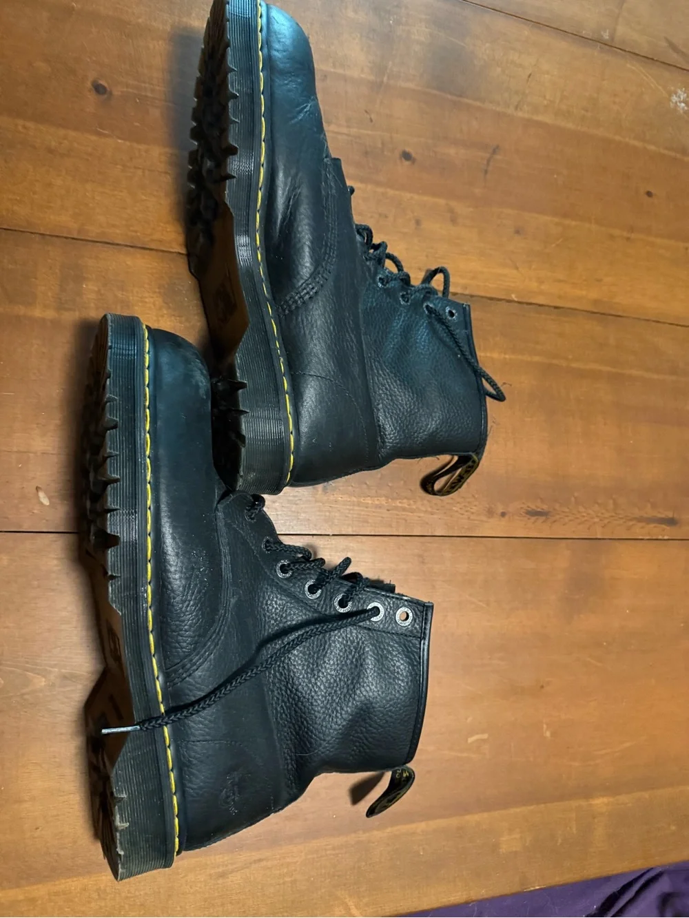 Dr. Martens Black Leather Lace-Up Boots with Yellow Stitching